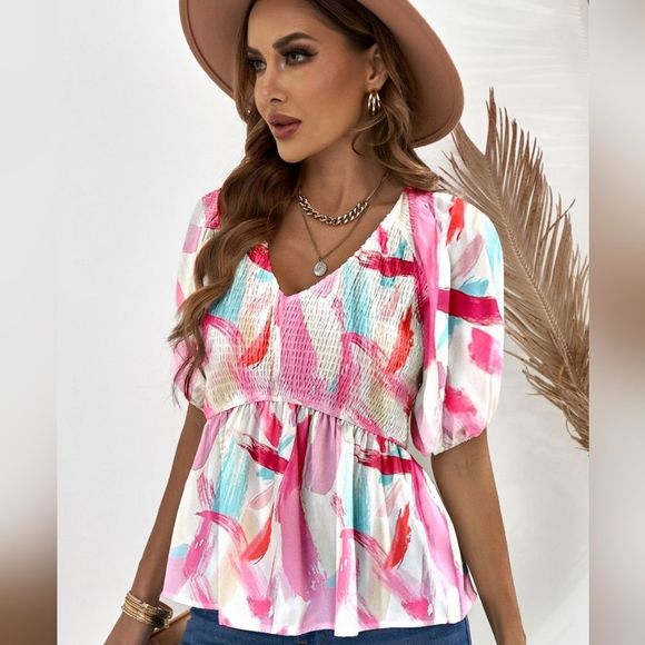 Floral Babydoll Blouse - Light Pink - Picture 1 of 4